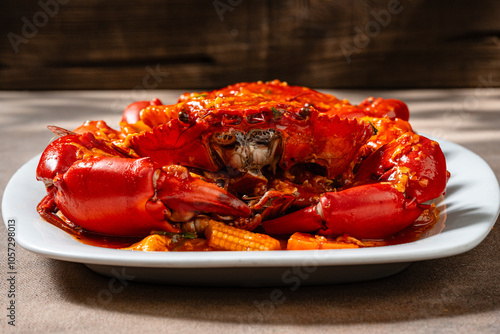 Crab sauce padang (Indonesian Kepiting Saus Padang). dish of crab served in hot and spicy Padang sauce. photo