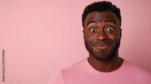 A man with a confused smile stands against a soft pink backdrop, capturing a moment of lightheartedness and curiosity