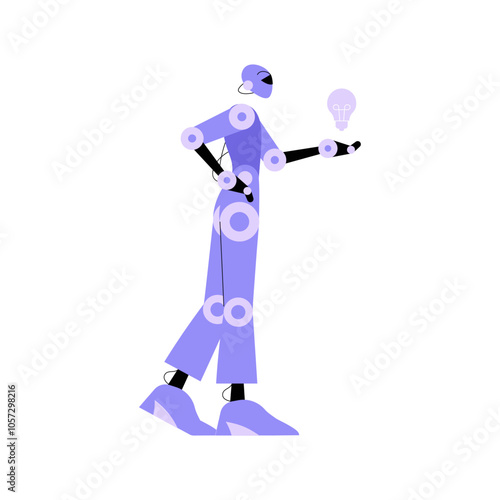 Robot Holding Light Bulb In Flat Vector Illustration Symbolizing AI, Innovation, Creativity, And Idea Generation, Isolated On White Background.