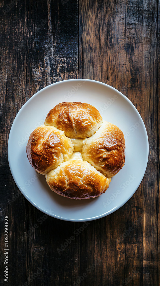 Four golden brown bread rolls are sitting on a white plate, ready to be enjoyed Four golden brown bread rolls are sitting on a white plate, ready to be enjoyed