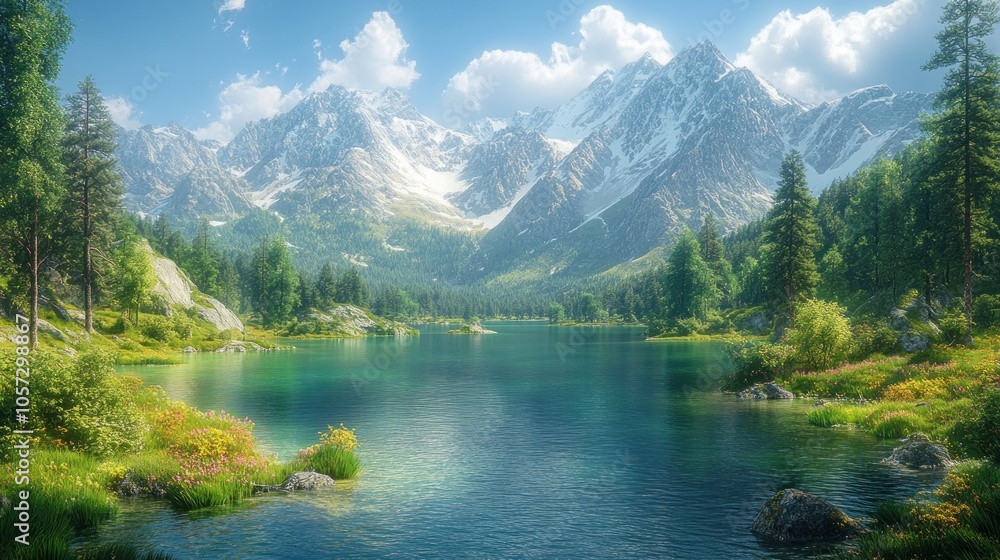 Serene mountain landscape with a tranquil lake and lush greenery. Serene mountain landscape with a tranquil lake and lush greenery.