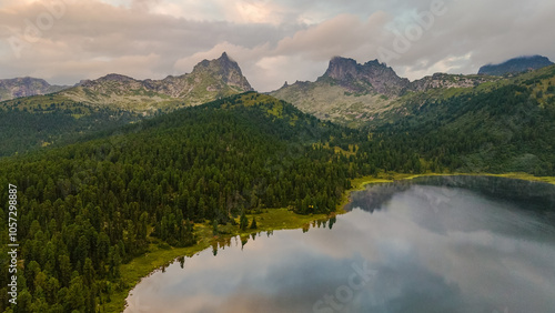 the lake is Bright at sunset, filmed from a drone