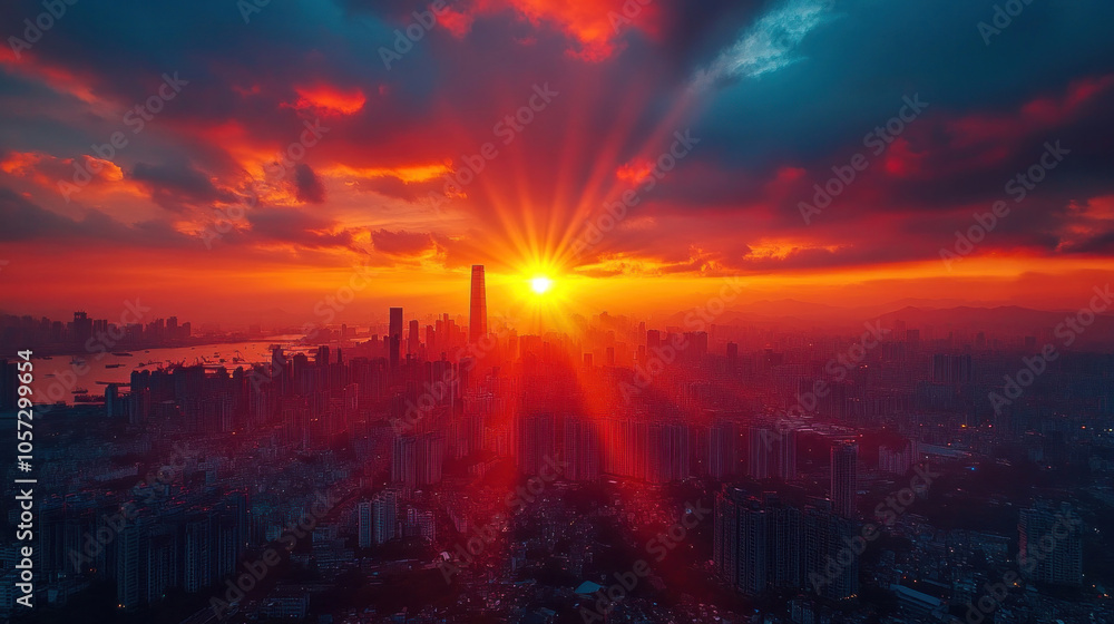 Obraz premium Rooftop view of a sprawling urban city with high-rise buildings and sunset colors, capturing the vastness and beauty of the city