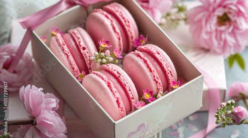 Pink macaroons in a gift box with floral decoration. photo