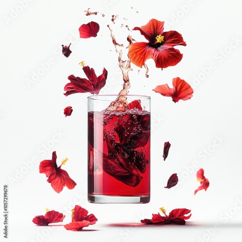 Colorful hibiscus tea in a glass, hovering in the air, photo