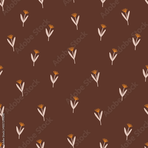 Autumn seamless pattern with flowers on brown background. Perfect for seasonal greetings, wallpaper, wrapping paper, fabric. Vector illustration