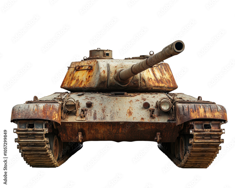 Rusty tank with long barrel, showcasing weathered metal and tracks. tank surface displays signs of age and wear, evoking sense of history and resilience Rusty tank with long barrel, showcasing weathered metal and tracks. tank surface displays signs of age and wear, evoking sense of history and resilience