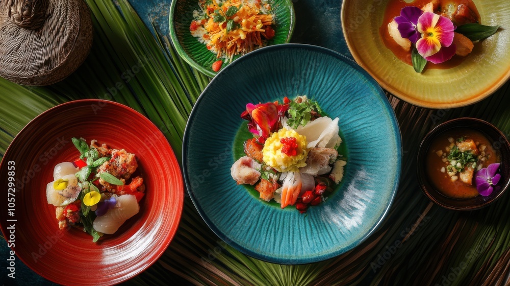 Delicious Isan cuisine, with vibrant colors, elegantly plated, Delicious Isan cuisine, with vibrant colors, elegantly plated,
