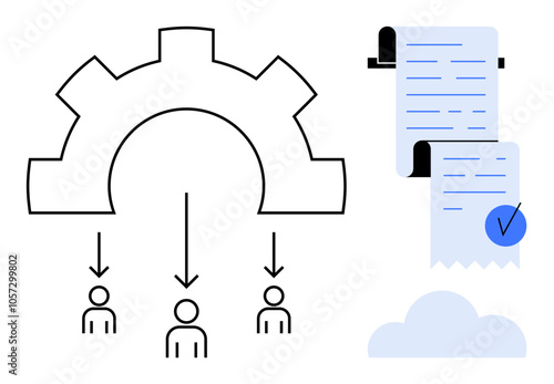 Black and white gear transfers tasks to three individuals. Blue checkmarked paper lists confirm task completions. Ideal for project management, workflow automation, task assignments, team