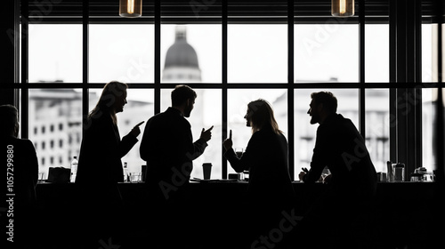 Silhouetted group of professionals engaged in animated discussion in a modern office setting with cityscape view through large windows.