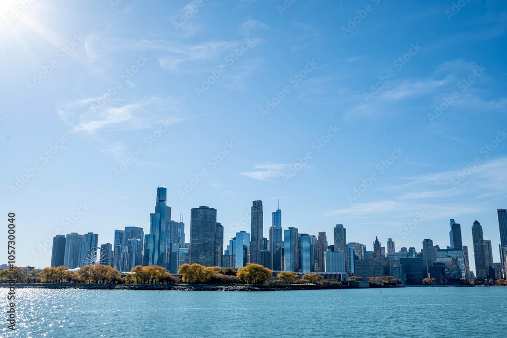 The Skyline of Downtown Chicago, IL along Lake Michigan on a Sunny Day