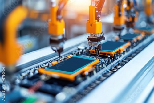 A modern assembly line in an electronics plant producing smartphones, smartphone production process, precision manufacturing