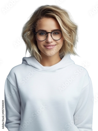 PNG An attractive blonde woman glasses photography sweatshirt.