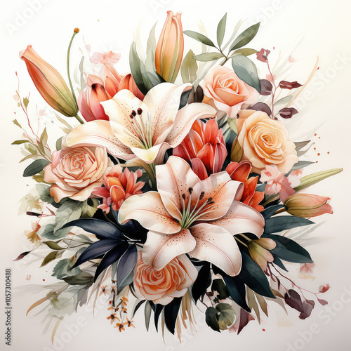 Watercolor bouquet of lilies of valley isolated on a white background.