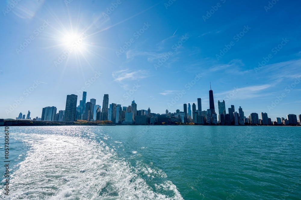 The Skyline of Downtown Chicago, IL along Lake Michigan on a Sunny Day