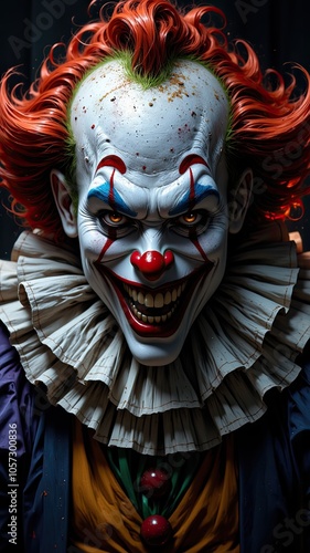 A creepy clown with red hair and a large, exaggerated smile stares directly at the camera, his eyes reflecting an unsettling intensity photo