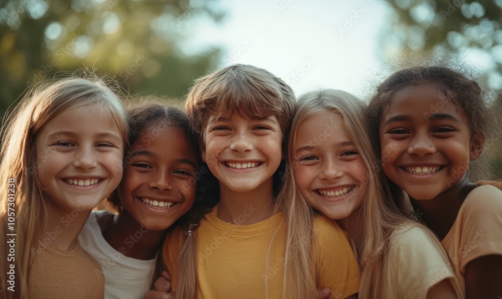 Portrait of a happy children friends standing together outdoors, hugging and smiling in the park on holidays enjoying spending time in a summer camp. Team, unity and friendship concept Portrait of a happy children friends standing together outdoors, hugging and smiling in the park on holidays enjoying spending time in a summer camp. Team, unity and friendship concept