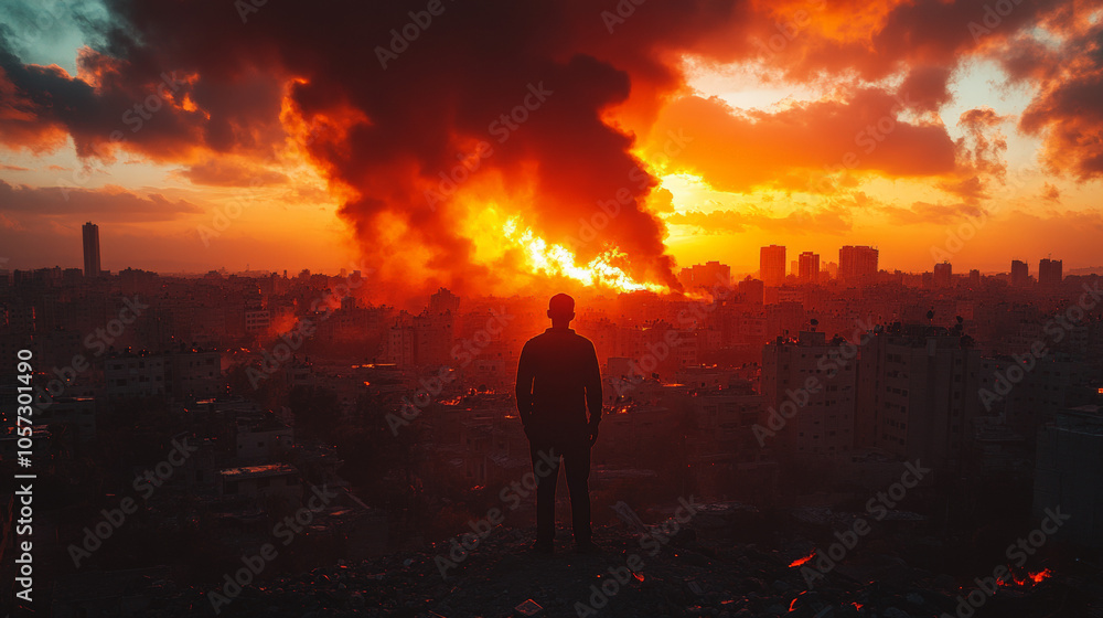 Arabic man standing and watching the destroying refugee Camp, fire and black smoke, low angle , wide shot , sunset Arabic man standing and watching the destroying refugee Camp, fire and black smoke, low angle , wide shot , sunset