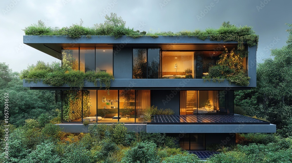 Modern eco-friendly house surrounded by lush greenery.