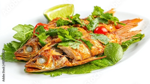 Floating Isaan-style spicy crispy catfish salad with fresh herbs and