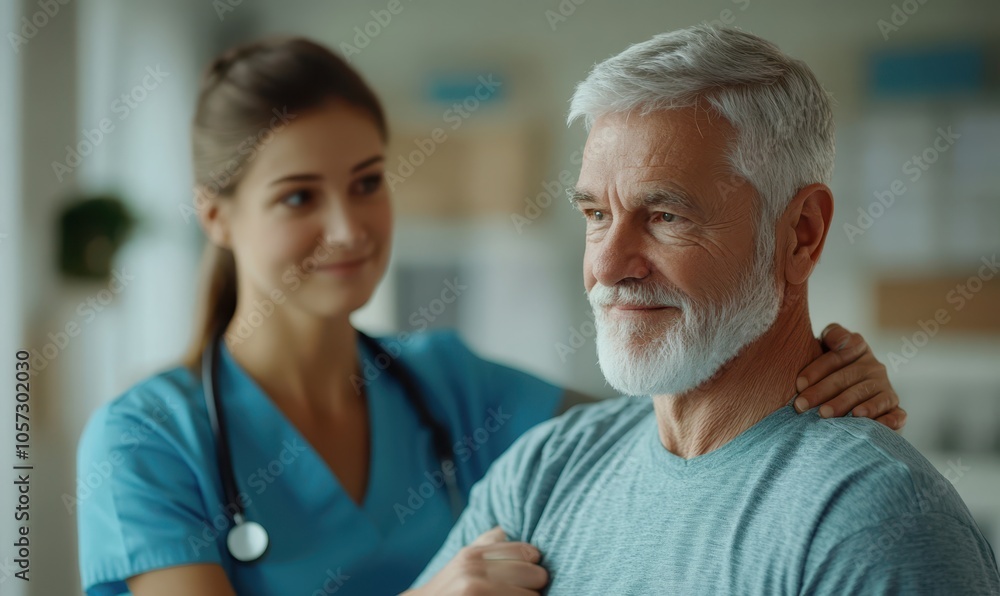  male physiotherapist helps old white haired retired man regain elbow mobility after stroke. Physiotherapy clinic, professional rehabilitation for senior patients concept