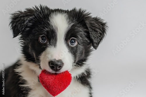 St. Valentine's Day concept. Funny portrait cute puppy dog border collie holding red heart on nose isolated on white background, clise up. with generative ai