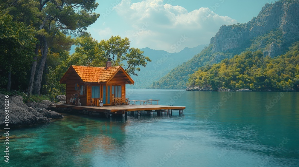 Naklejka premium A small wooden cabin sits on a pier overlooking a calm lake with lush green trees and mountains in the background.
