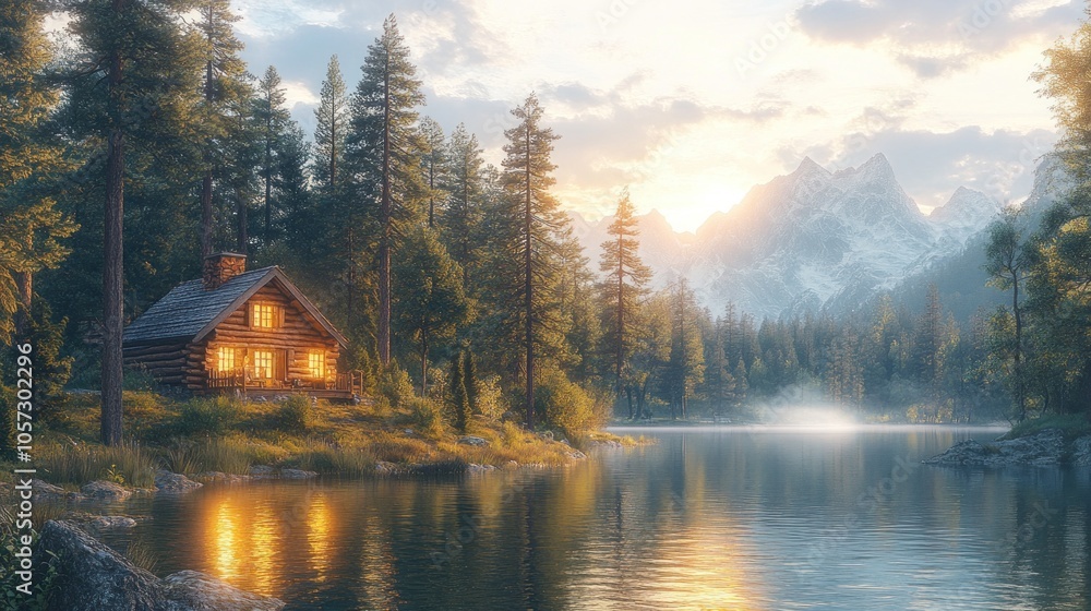 Fototapeta premium Serene lakeside cabin at sunset, surrounded by mountains and trees.