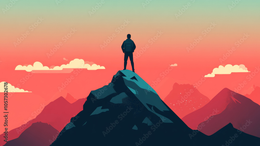 A silhouette figure standing on top of a mountain, appearing confidence and bold, powerful illustration A silhouette figure standing on top of a mountain, appearing confidence and bold, powerful illustration