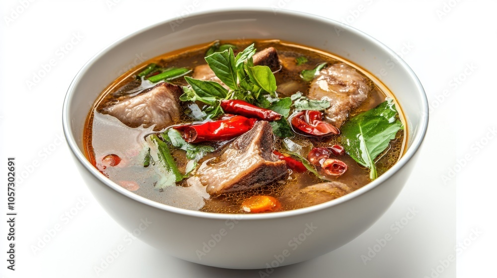 Floating Tom Saap, spicy and sour Isaan soup with pork ribs, Floating Tom Saap, spicy and sour Isaan soup with pork ribs,