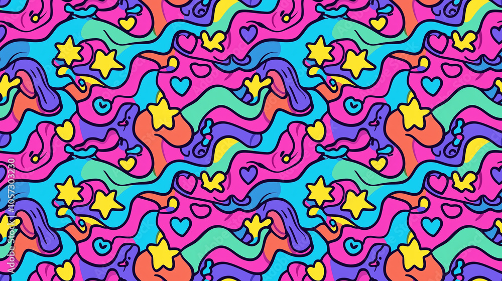 Colorful seamless doodle pattern with stars and hearts, ideal for textile, wrapping paper Colorful seamless doodle pattern with stars and hearts, ideal for textile, wrapping paper