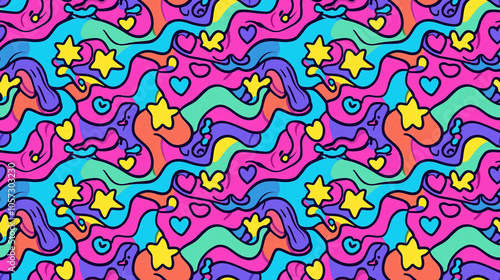 Colorful seamless doodle pattern with stars and hearts, ideal for textile, wrapping paper