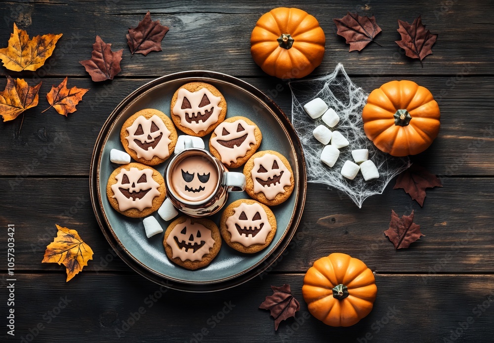 Spooky Halloween-themed cookies and hot chocolate on a dark wooden background, AI generated illustration Spooky Halloween-themed cookies and hot chocolate on a dark wooden background, AI generated illustration