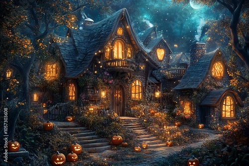 Spooky Village House with Pumpkins and Lanterns - AI generated illustration