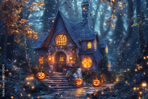 Spooky Village House with Pumpkins and Lanterns - AI generated illustration photo