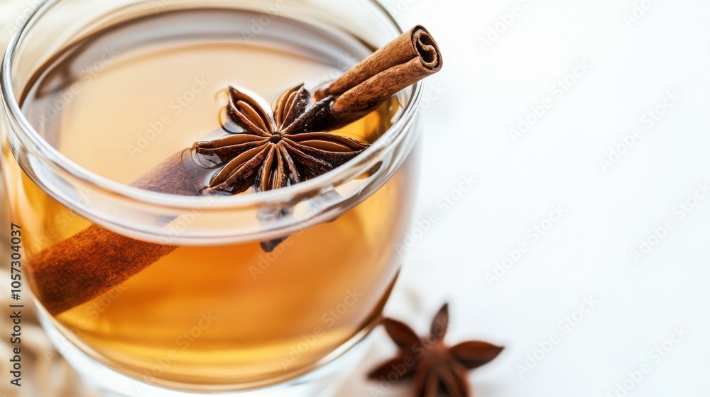 Herbal drink in an elegant glass, floating with a cinnamon stick Herbal drink in an elegant glass, floating with a cinnamon stick