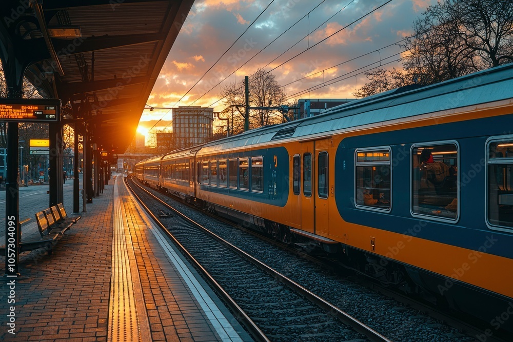 Train Departing Station at Sunset with Golden Sky Train Departing Station at Sunset with Golden Sky