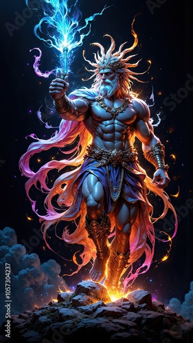 A powerful god with a glowing staff stands on a rocky surface, flames erupting from under his feet