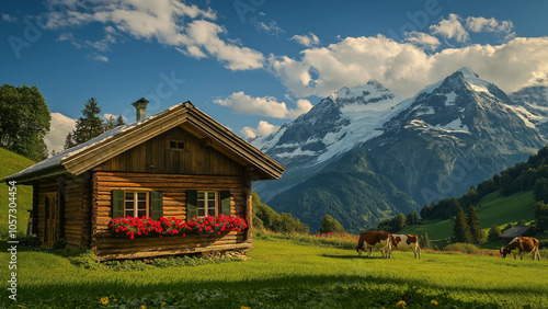 a wooden cabin with a mountain in the background. photo