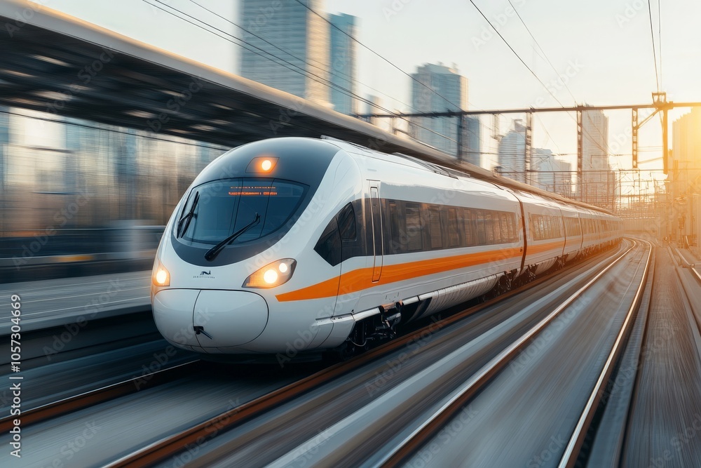 Fototapeta premium A high-speed train glides along a track with buildings in the background, capturing the essence of fast-paced urban life and modern connectivity, set against a sunset.
