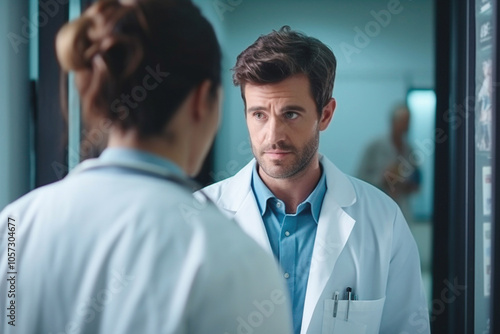 In the clinical environment, a doctor confers with a nurse about a patient's care plan.