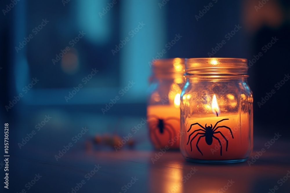 Spider-Shaped Candles in Mason Jars for Halloween Decoration - AI generated illustration Spider-Shaped Candles in Mason Jars for Halloween Decoration - AI generated illustration