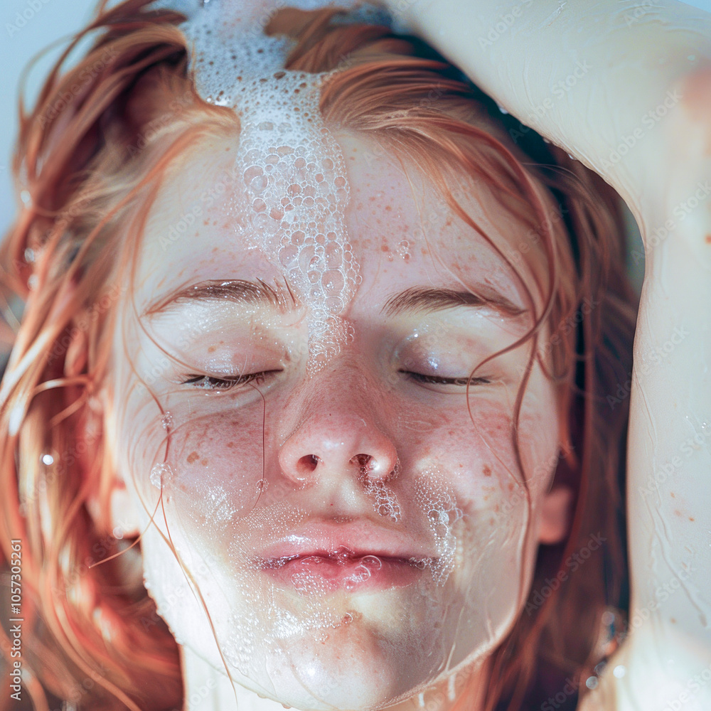 Fototapeta premium Close-Up of Woman Relaxing with Soap and Water on Her Face During Shower