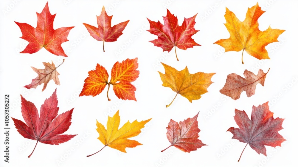 Collection of maple leaves in red, orange, and yellow, capturing fall beauty, isolated on transparent background Collection of maple leaves in red, orange, and yellow, capturing fall beauty, isolated on transparent background