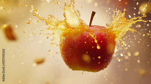 Crisp apple bursting open with juice splash photo