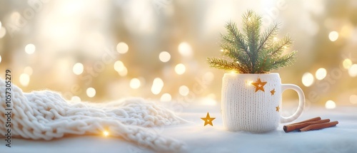 A white mug with a star on it sits on a table