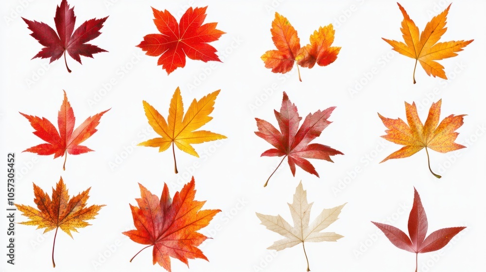 Collection of maple leaves in red, orange, and yellow, capturing fall beauty, isolated on transparent background Collection of maple leaves in red, orange, and yellow, capturing fall beauty, isolated on transparent background
