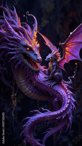 A purple dragon and its young sit together in a dark, mystical forest photo