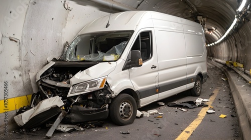 A van has collided with the wall of a tunnel resulting in a major accident scene  Pieces of the damaged vehicle are scattered across the road