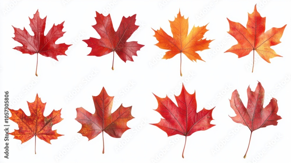 Collection of rich red and orange maple leaves, perfect for fall-themed designs, isolated on transparent background Collection of rich red and orange maple leaves, perfect for fall-themed designs, isolated on transparent background